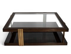 Custom Walnut and Brass Coffee Table Art Deco Inspired Two-Tier Design