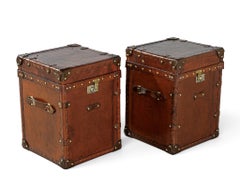 Pair of Vintage Cognac Leather Campaign Steamer Trunk Storage Side Tables