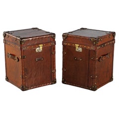 Pair of Vintage Cognac Leather Campaign Steamer Trunk Storage Side Tables