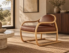 Vintage 1970s Mid-Century Modern Teak & Cognac Leather Sculptural Lounge Chair