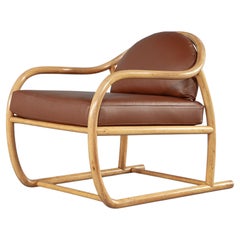 Vintage 1970s Mid-Century Modern Teak & Cognac Leather Sculptural Lounge Chair