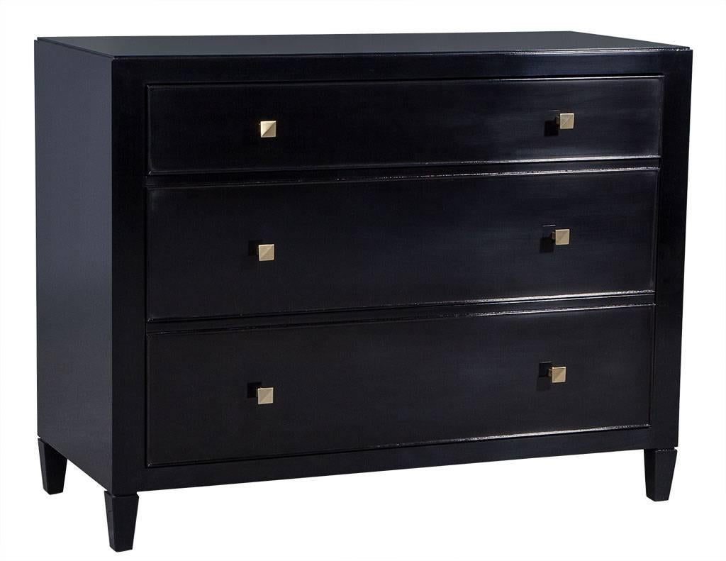 A Carrocel custom original design, this chest features three drawers accented with brushed copper knobs and rests on four fluted feet. Finished in black high gloss polish, it’s sure to be a dramatic addition to any bedroom.