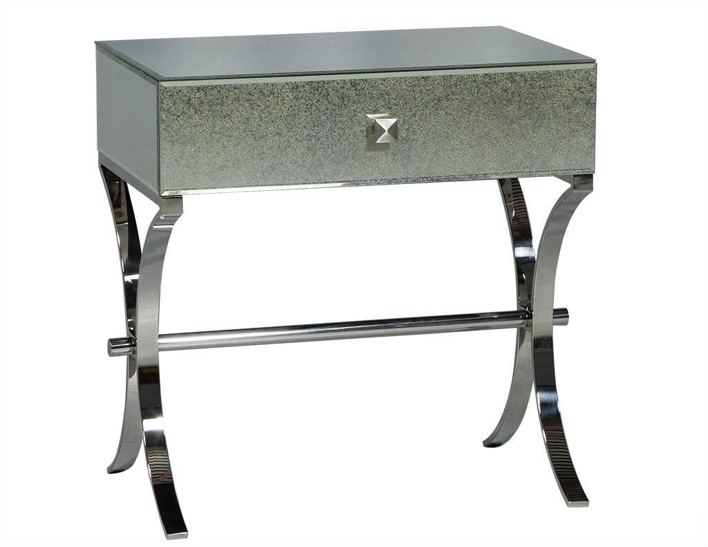Modern Pair of Antiqued Mirrored Glass Nightstands