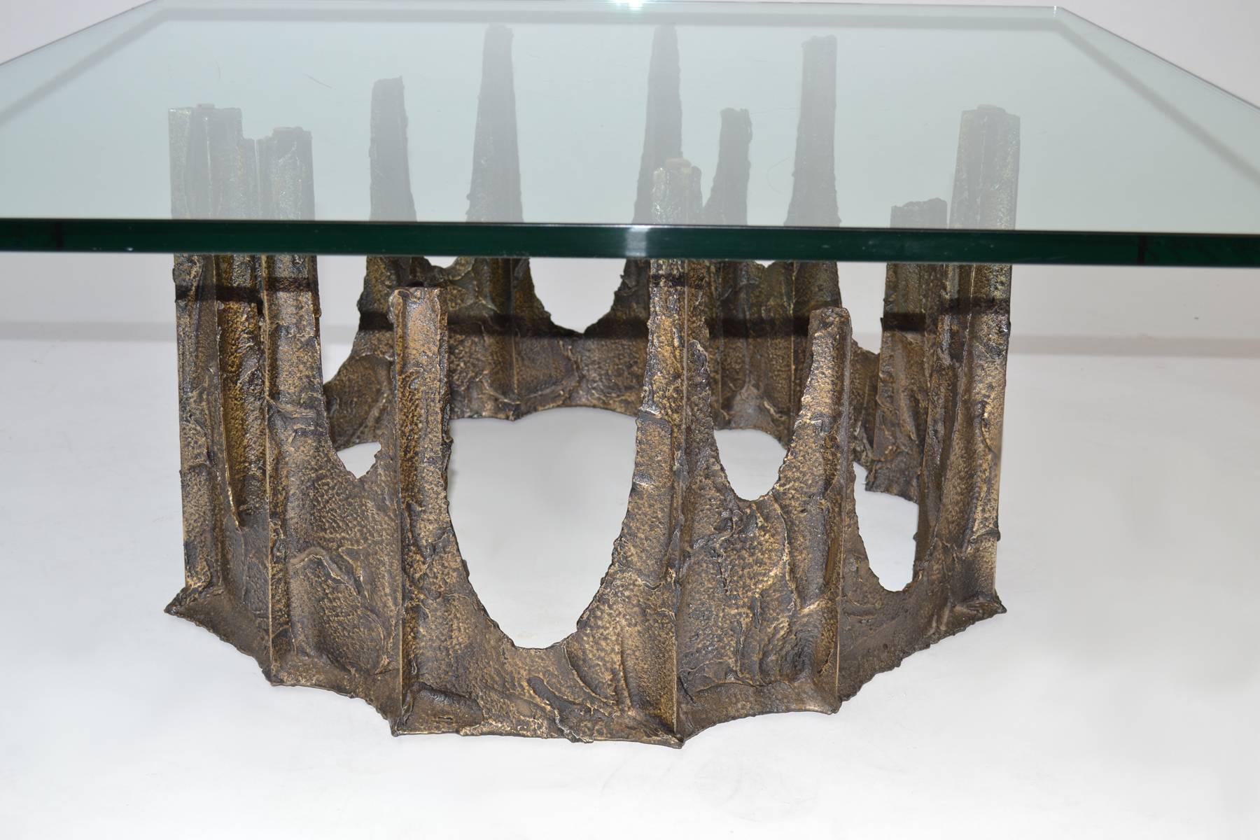 Signed Stalagmite coffee table by Paul Evans for Directional. Bronzed steel and glass. Impressed mark PE68