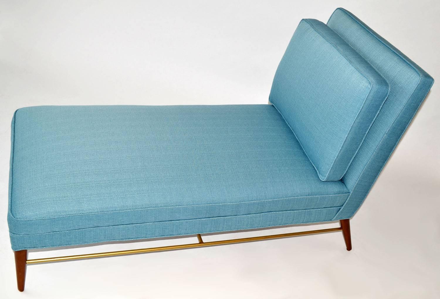 Chaise longue / longue with back pillow by Paul McCobb for Calvin Furniture, 1950s American mid-century modern. Completely professionally restored. Walnut, brass, upholstery.
