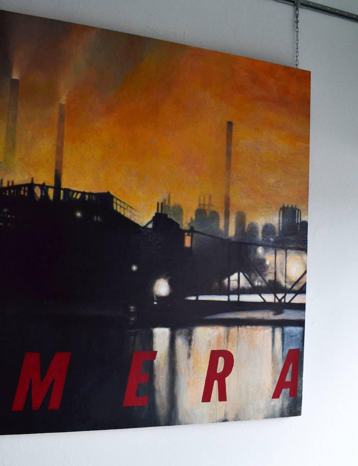 Massive industrial modern oil on board lawrence gipe factory series, 1998.
Lawrence Gipe Factory series oil on board, 1998 Untitled No. 15 monumental 60” x 84” mixed-media painting showing industrial factories and pollution highlighting the word