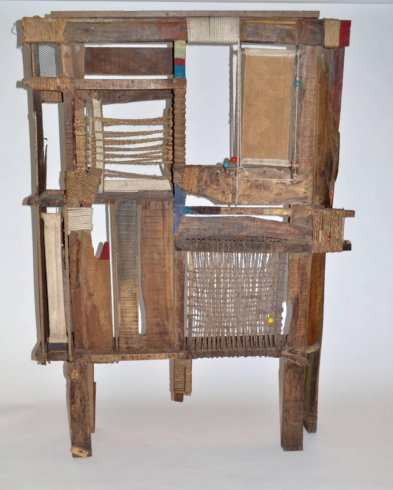 Folk Art outsider screen room divider reclaimed studio Indian modern one-off design by Calcutta, India artisan P. Mohanta. Purchased from Calcutta gallery comprised of found objects, weathered and reclaimed wood, rope, metals and assorted baubles. A