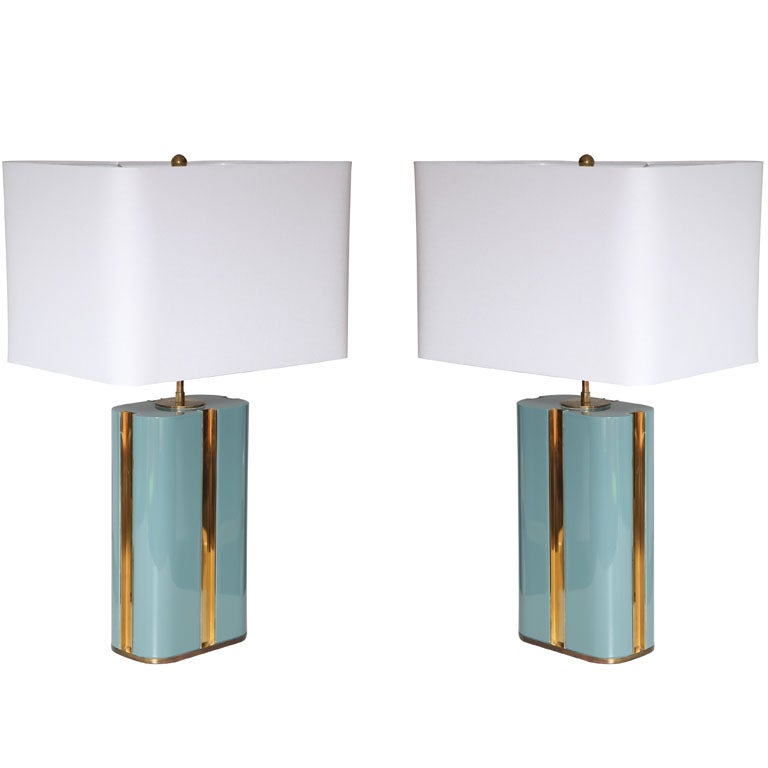 Pair of Lacquered Wood and Brass Lamps c. 1970's For Sale