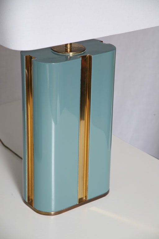 Modern Pair of Karl Springer Wood Lacquer and Brass Table Lamps 1970's For Sale