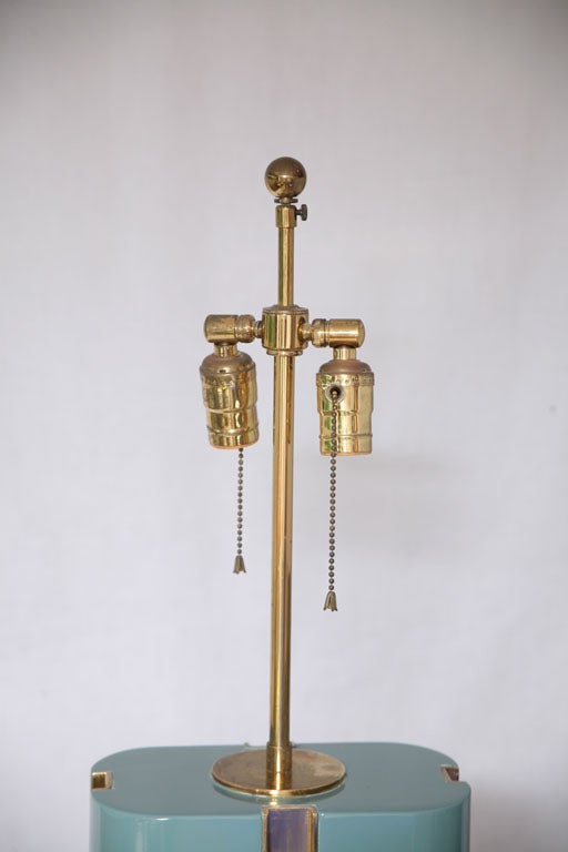 Pair of Karl Springer Wood Lacquer and Brass Table Lamps 1970's In Good Condition In Fort Lauderdale, FL
