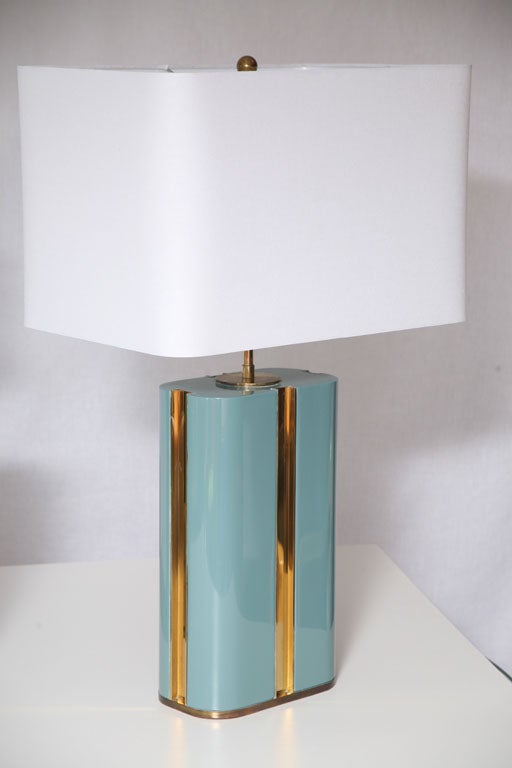 Late 20th Century Pair of Karl Springer Wood Lacquer and Brass Table Lamps 1970's For Sale