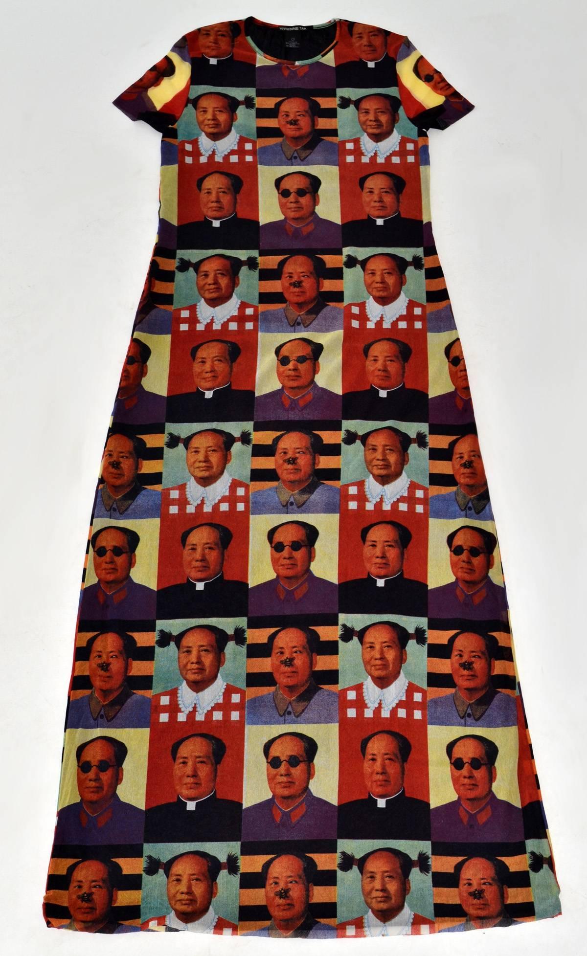 Rare and modern Vivienne Tam 'Mao' women's dress in size 3 (large). Full length in printed synthetic material covered with pop art-like images of Chairman Mao. Labeled. As seen in 'China Chic' by Vivienne Tam.