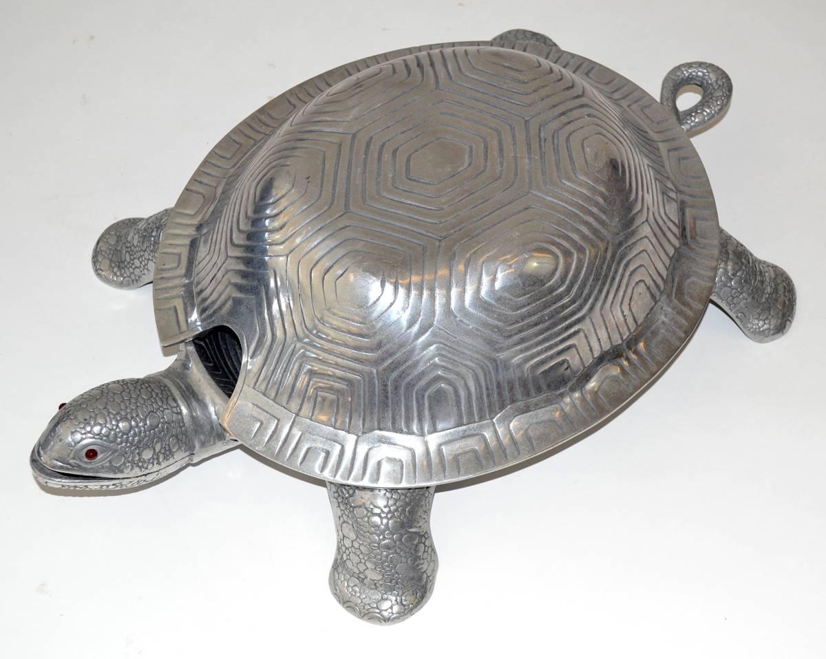Arthur Court tortoise server or tureen in aluminium, 1970s. Made for turtle soup (?!) two-piece. Signed. No ladle.
 