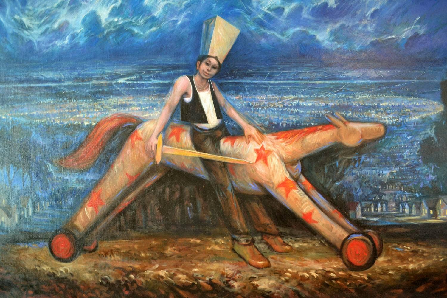 Monumental oil on canvas painting by Donato Mancini, Bass Museum 1994, 96 x 78 purchased from Bass Museum, Miami Beach, FL
Surrealist scene of Boy on Hobby Horse overlooking large urban landscape.