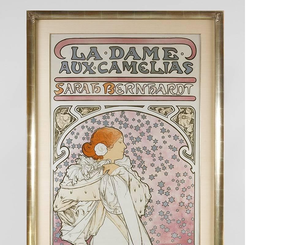 A French Art Nouveau lithograph by Alphonse Mucha depicting Sarah Bernhardt in the role of “La Dame aux Camelias”. Circa 1896.

Mucha was commissioned to design this poster for a revival, in 1896, of the play, "La dame aux camellias",
