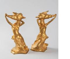 French Art Nouveau Bronze Candlesticks by Muller