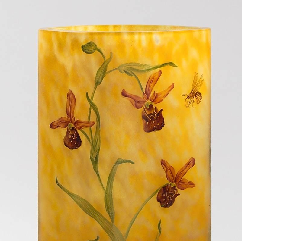 Art Nouveau Daum Nancy Enameled and Etched Orchid Landscape Glass Vase