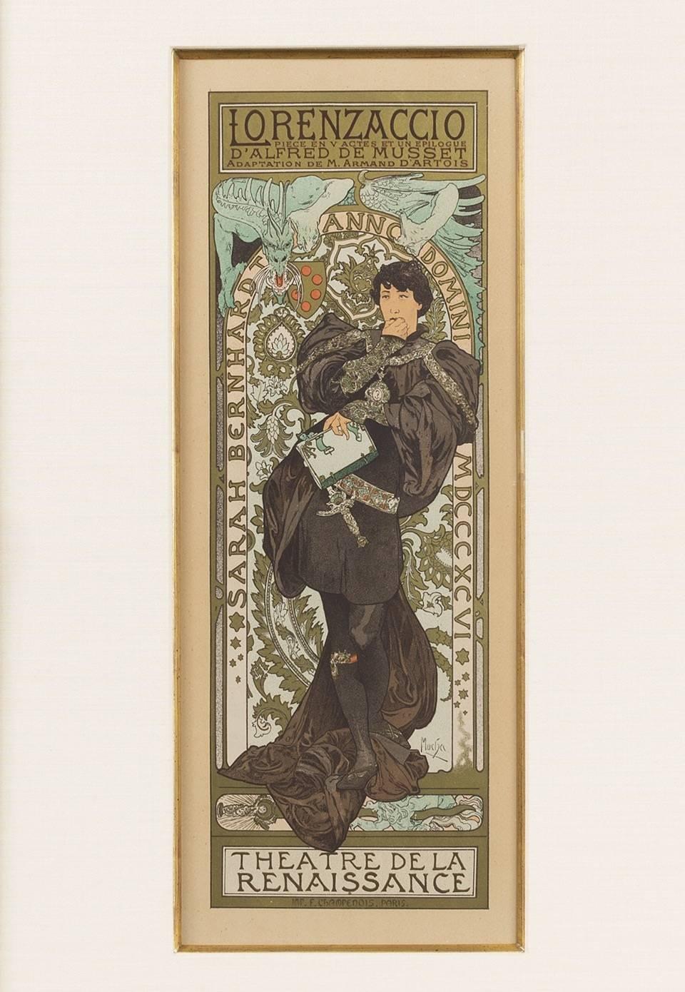 A French Art Nouveau lithograph by Alphonse Mucha titled Lorenzaccio, from Maitre de L'Affiche. The poster was designed by Mucha for the play 