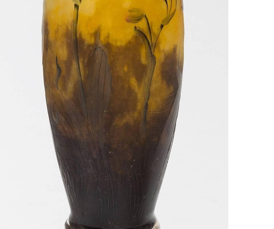 Art Nouveau Daum Nancy Enameled and Etched Orchid Landscape Glass Vase For Sale