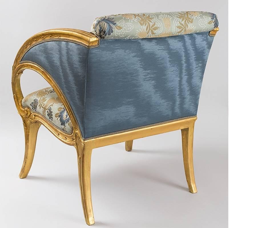A pair of Spanish Art Nouveau armchairs with giltwood frames by Joan Busquets. Made for Antonio Gaudi's Palacio Güell, Barcelona, Joan Busquets crafted much of Gaudi's furniture. Circa 1903.

A member of a family that was long involved in the design