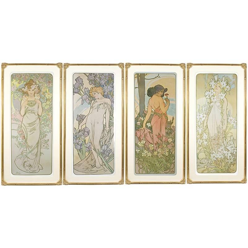 French Art Nouveau Lithographs "Les Fleurs" by Mucha