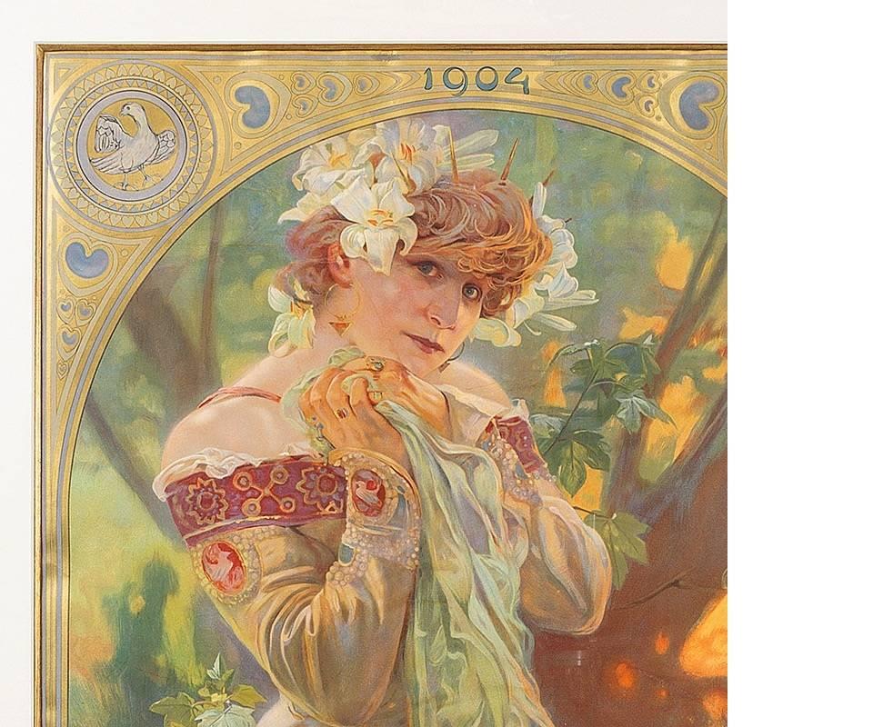 A French Art Nouveau lithograph by Alphonse Mucha. An exquisite portrait of Sarah Bernhardt in the role of “La Princess Lointaine” is used here for publicizing the LU biscuits, with a handwritten testimonial by the actress herself:  “Je ne trouve