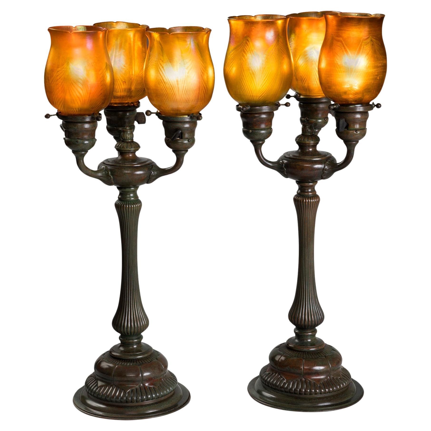 Tiffany Studios New York Pair of Three Light Table lamps For Sale