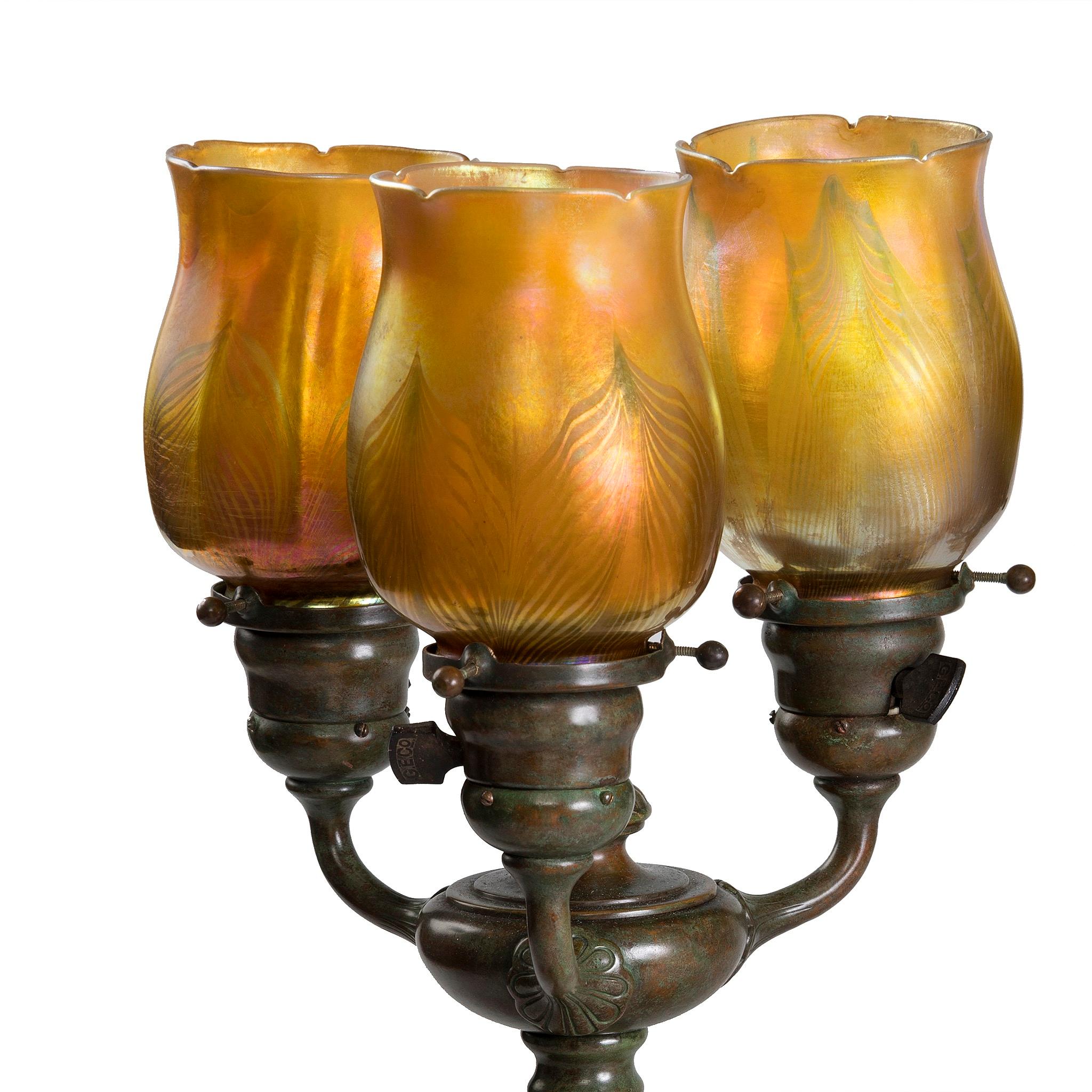 Art Nouveau Tiffany Studios New York Pair of Three Light Table lamps For Sale