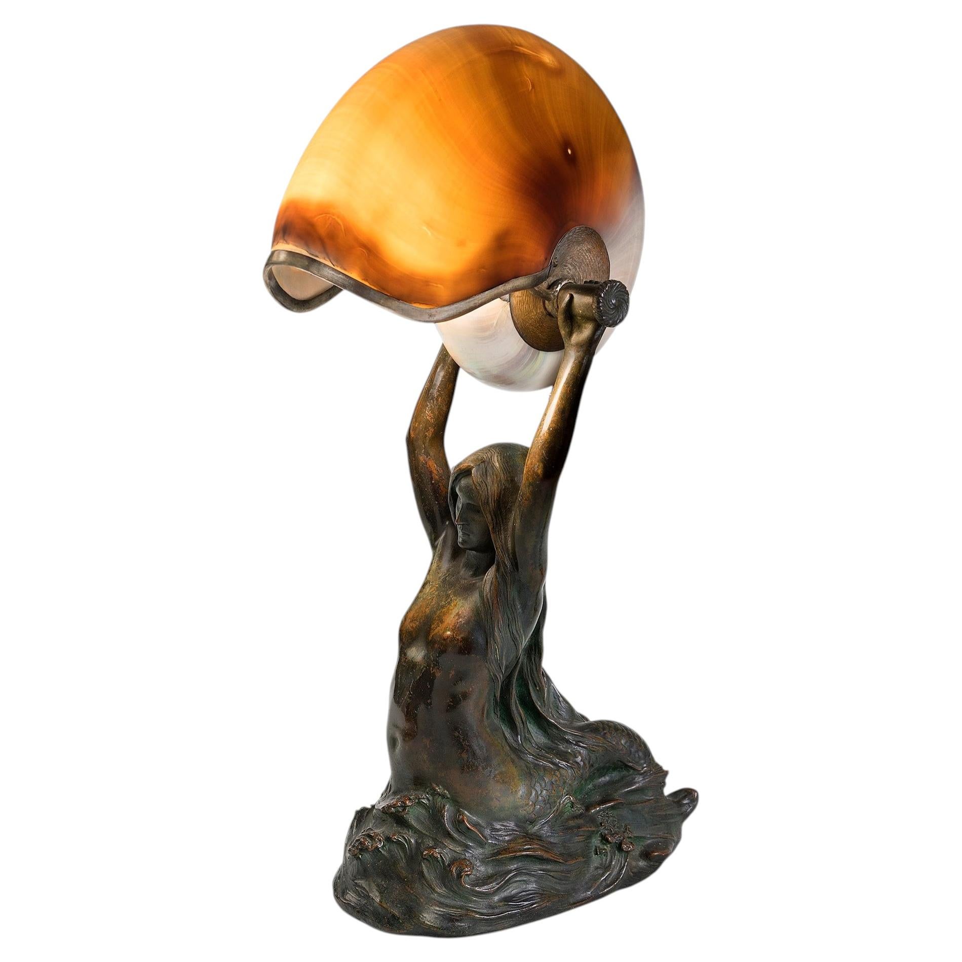 Tiffany Studios New York "Nautilus" Table Lamp With "Mermaid" Base For Sale