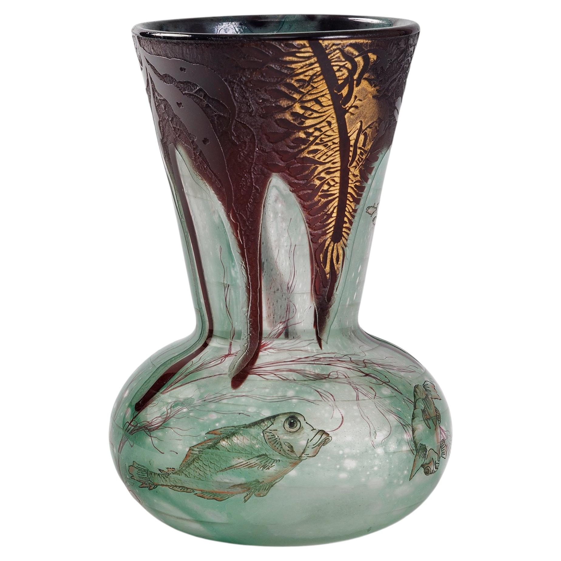 Pre-owned Daum Nancy "algues Et Poissons" Enamel And Cameo Glass Vase In Clear