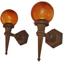 Antique Pair of 1920 Cast Iron Outdoor Sconces