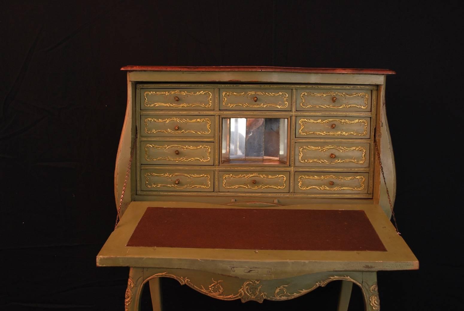 A beautiful French 19th century hand-painted secretary desk, the patina is so much beautiful in person, it has a little repair on one side, see pictures, the chains are not original, it come in two parts, it has also has a draw with lock.