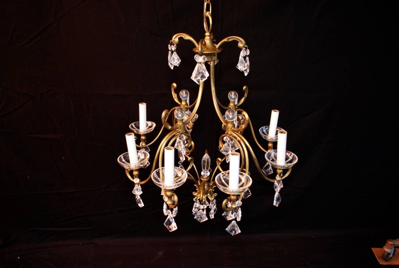 American Beautiful, Elegant Brass and Crystal Chandelier with an Art Nouveaux Test