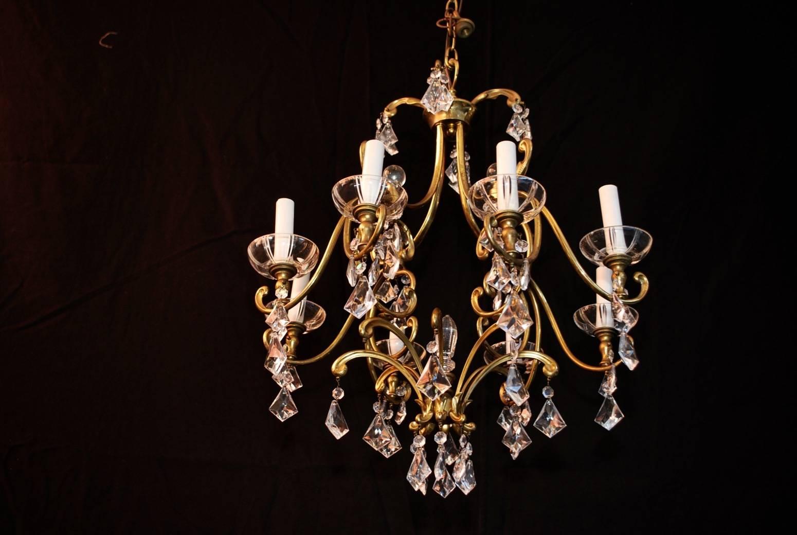 Beautiful, Elegant Brass and Crystal Chandelier with an Art Nouveaux Test In Excellent Condition In Los Angeles, CA