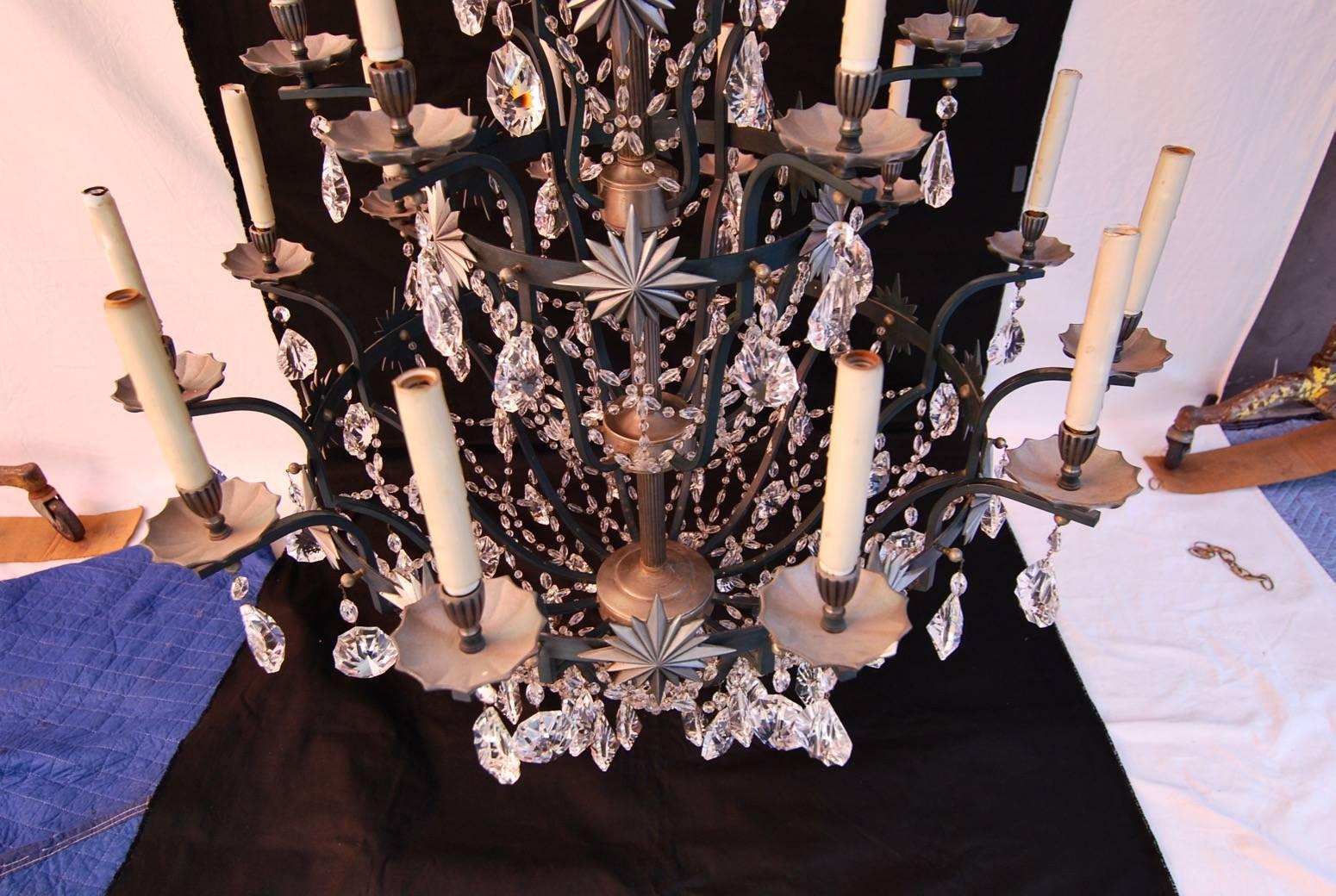 American Magnificent Pair of Large Twenty-One-Light Crystal Chandeliers
