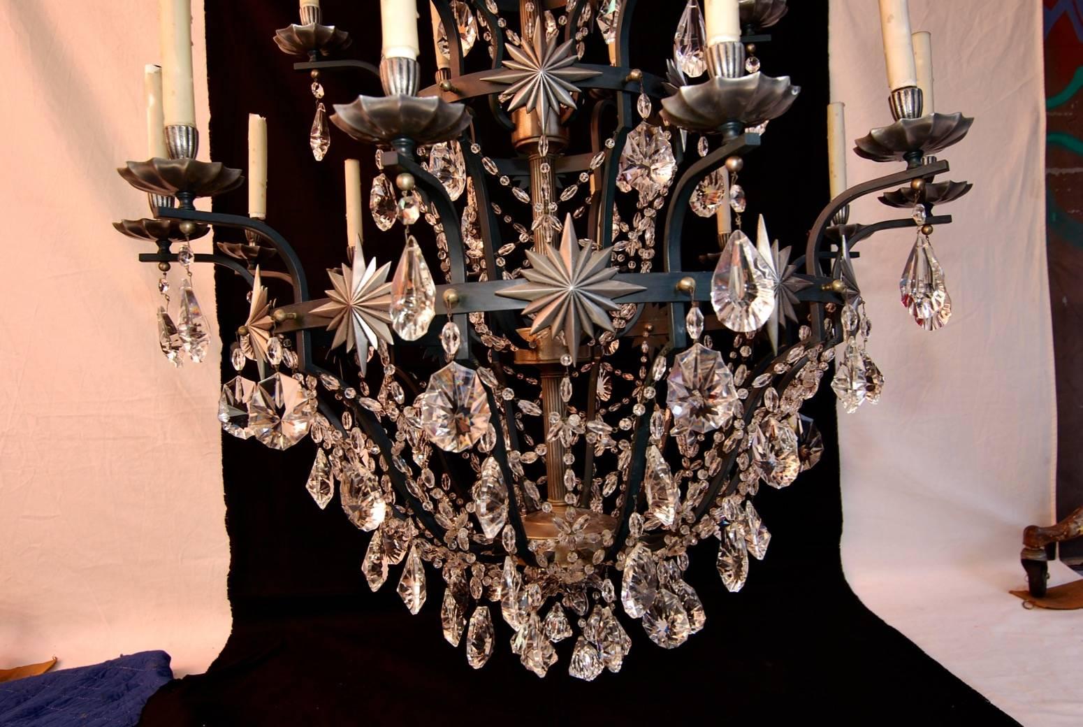 Mid-20th Century Magnificent Pair of Large Twenty-One-Light Crystal Chandeliers