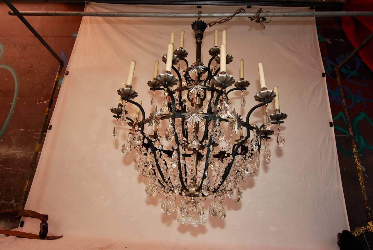 Brass Magnificent Pair of Large Twenty-One-Light Crystal Chandeliers