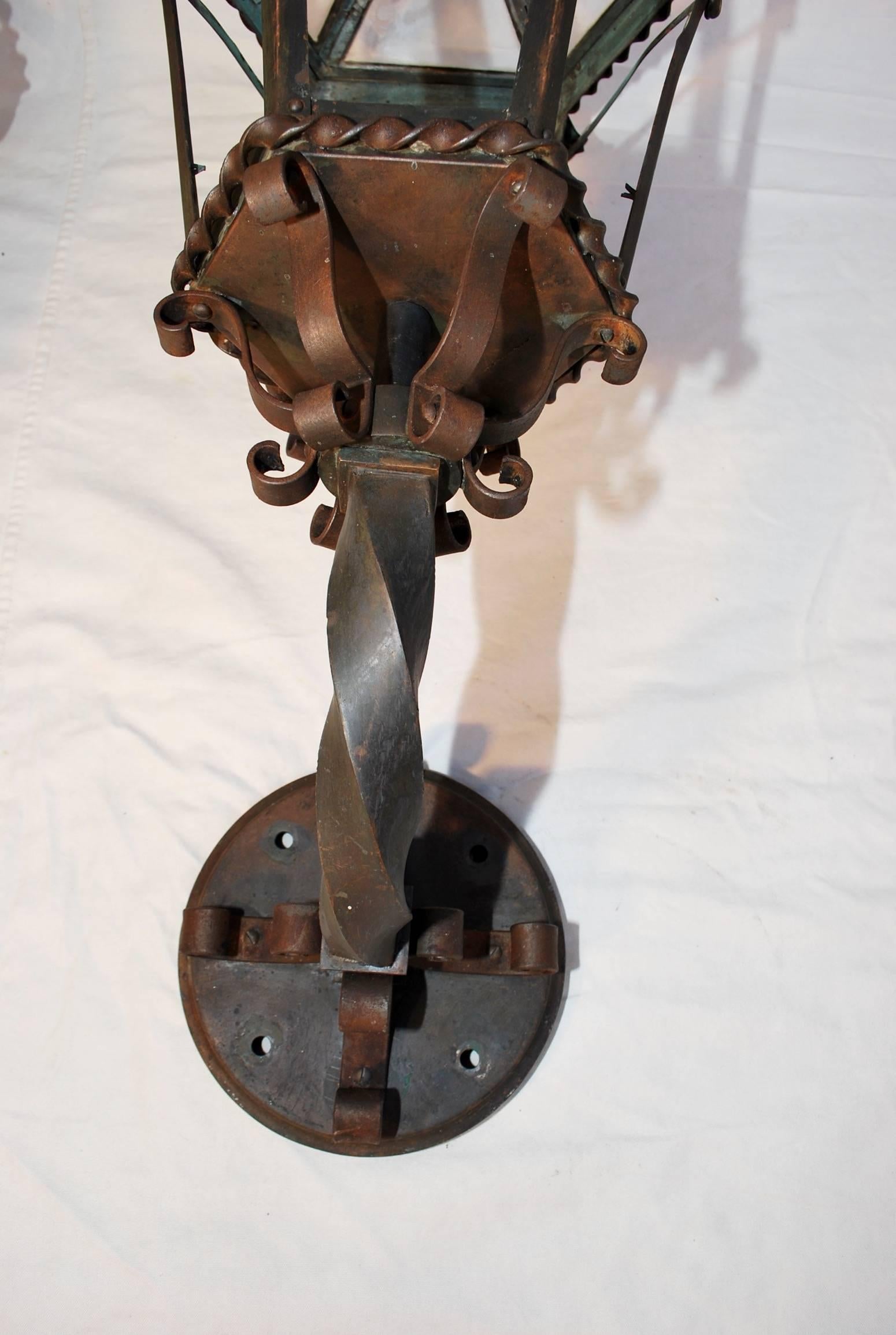 American Beautiful and Rare Large 1920s Bronze and Wrought Iron Outdoor Sconces