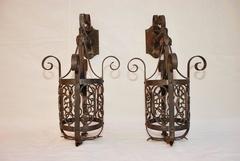 Rare Pair of 1920s Wrought Iron Outdoor Sconces