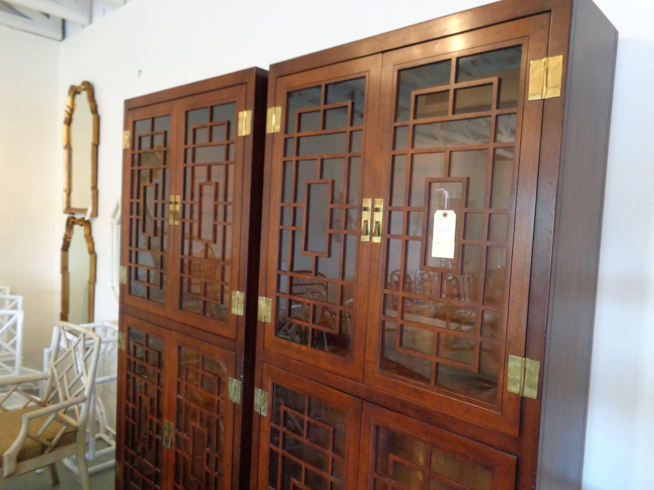 Hollywood Regency Pair of Fretwork Cabinets by Henredon For Sale