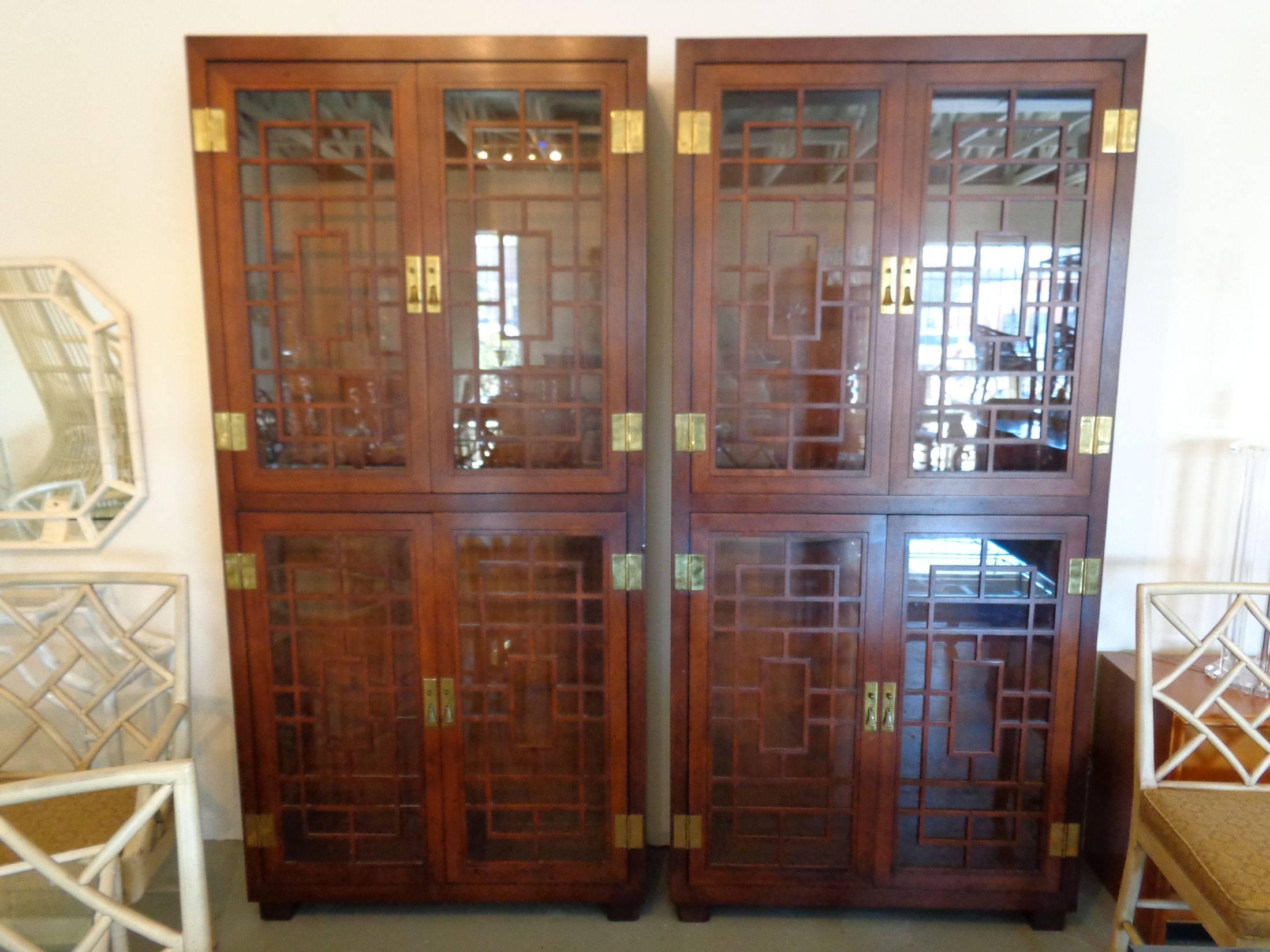 Wood Pair of Fretwork Cabinets by Henredon For Sale