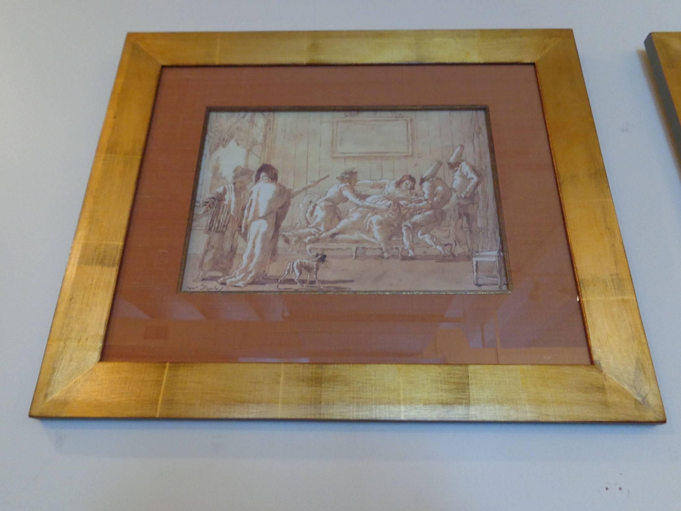 Set of six Punchinello Drawings from 1986 of the Drawings by Domenico Tiepolo.
Frames are hand gilded gold with hand wrapped silk mats and gold fillet.