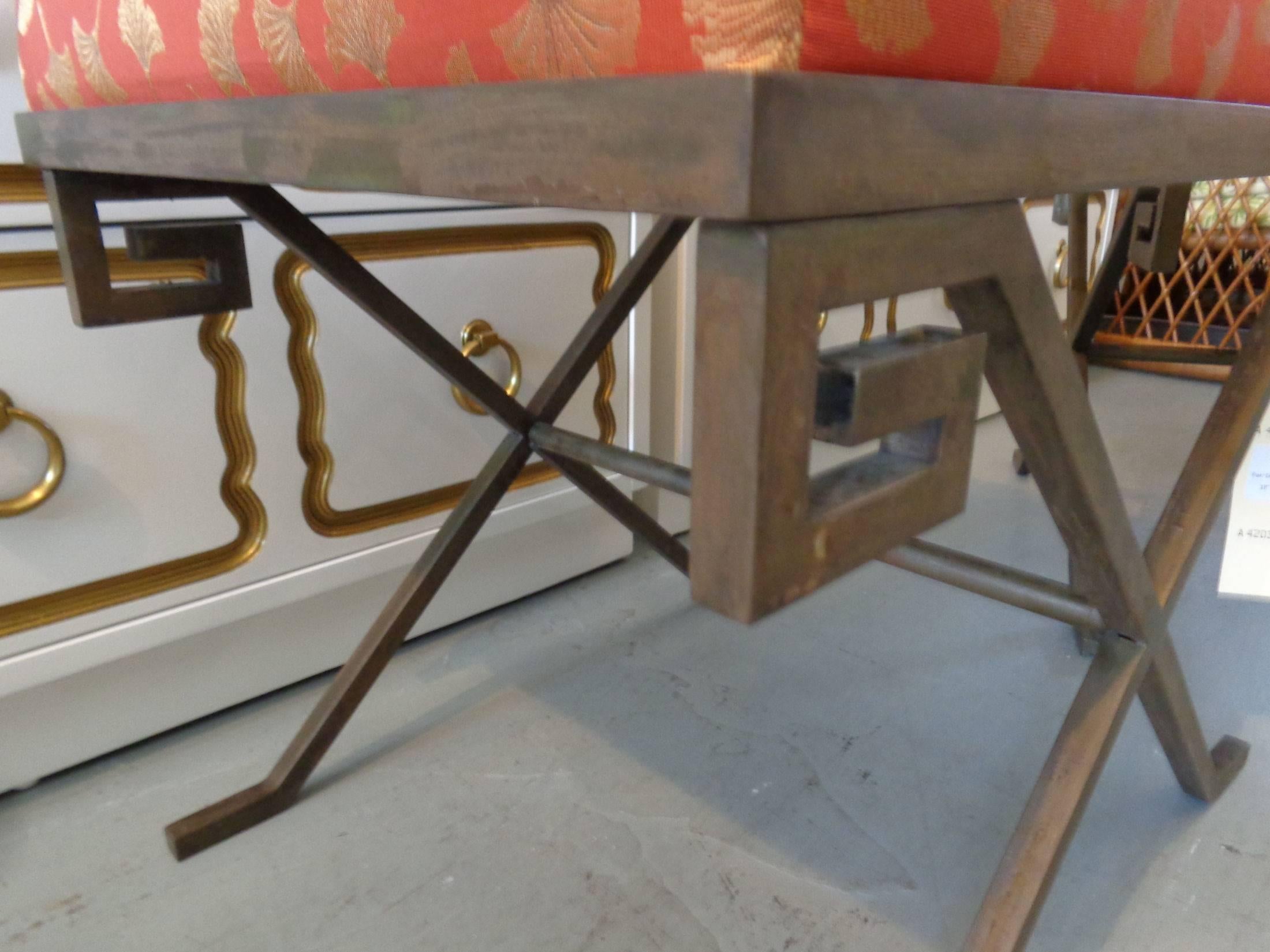 20th Century Pair of Jean Michel Frank Style Bronzed Finish Iron Stools For Sale