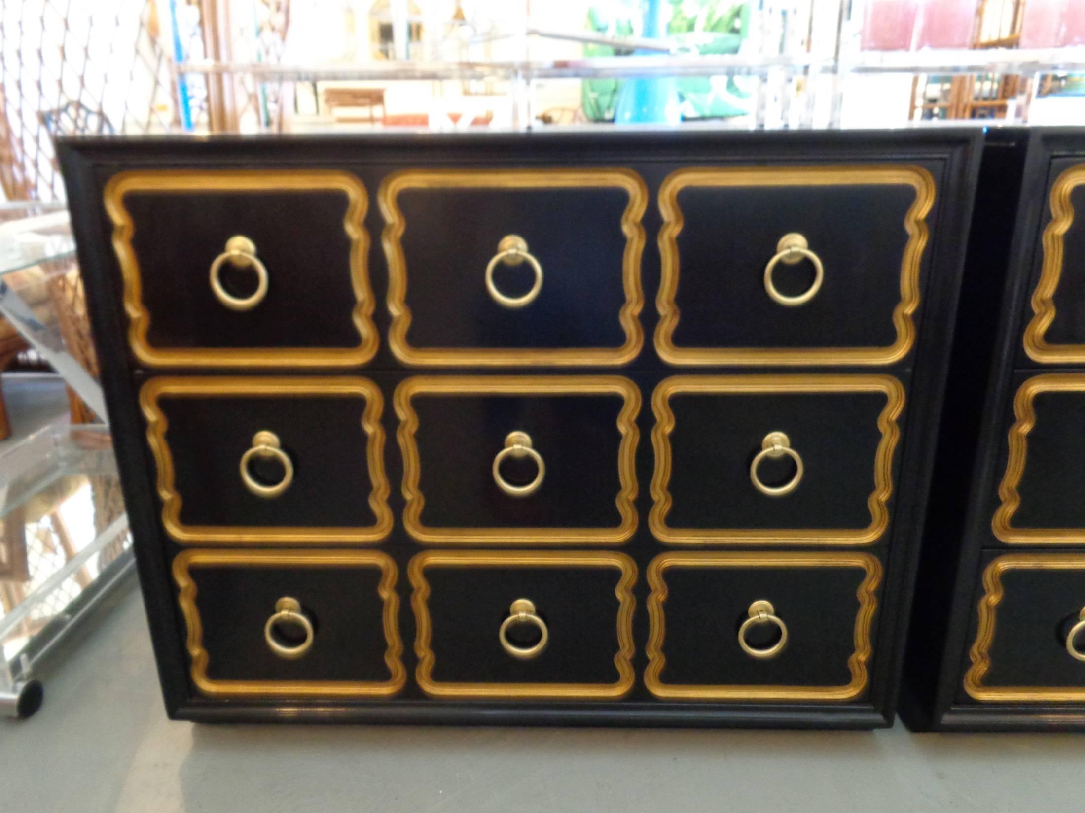 Pair of Hollywood Regency style Dorothy Draper Espana chests in nice as found vintage condition. There are minor imperfections to the newly lacquered finish.