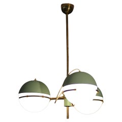 Stilnovo Pendant lamp with three brass and opaline glass lights from the 1950s.