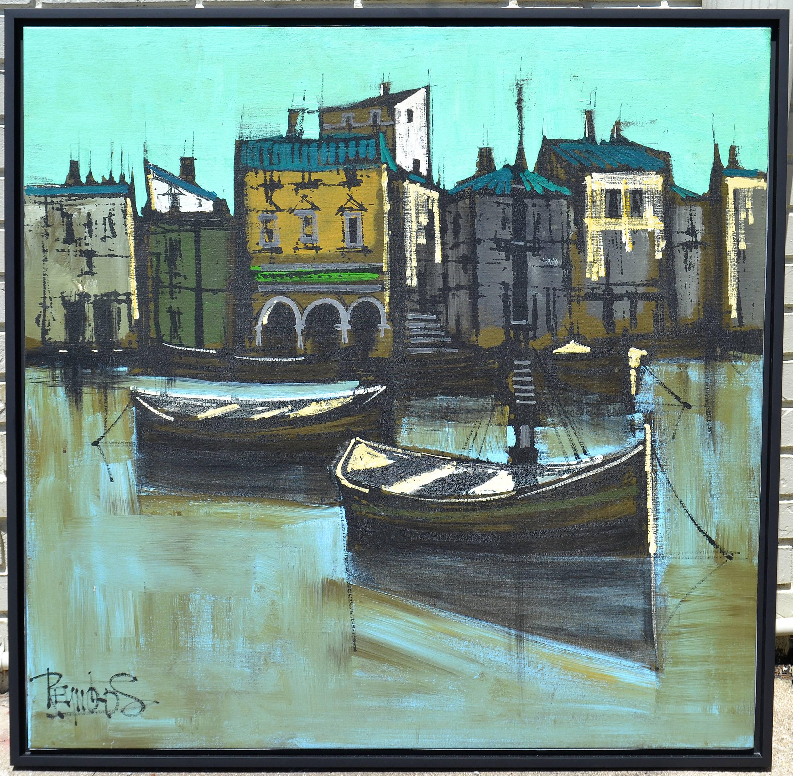 Harbor scene made by Vanguard Studios (Imprint on back) signed: Reynolds. Lee Reynolds was the direct of Vanguard Studios in the late 1960s. This painting was recently professionally re-framed in black.