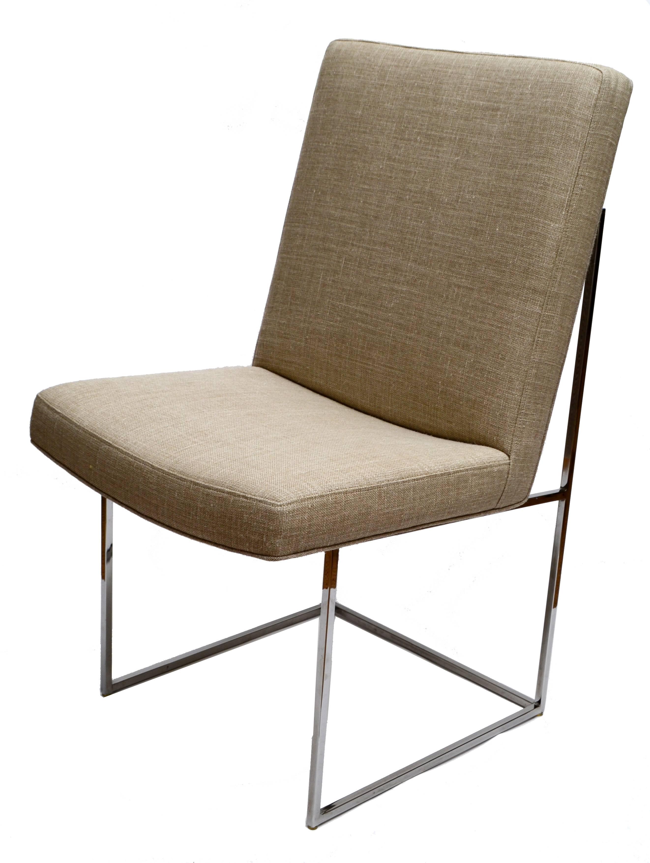 Mid-Century Modern set of six Milo Baughman dining room chairs. 
Recently reupholstered in a professional manner in sand color Fabric. 
We use only the very best materials and fabrics so you can enjoy these chairs for many years to come.
The Set is