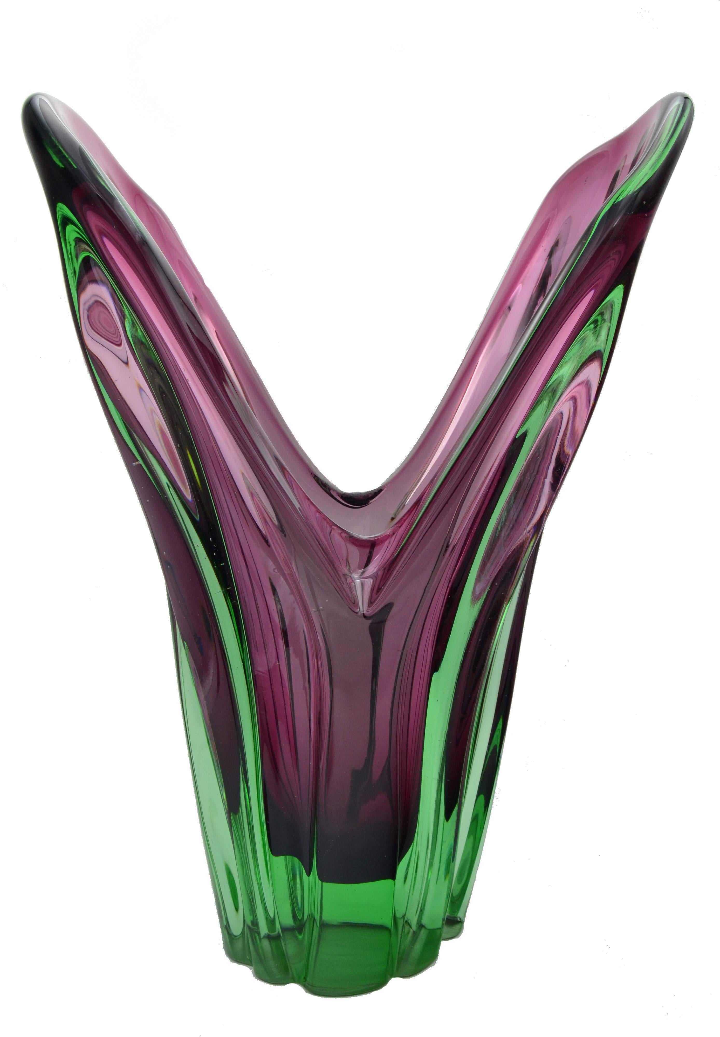 Huge Murano glass vase attributed to Salviati. Handblown in very heavy purple and green glass.