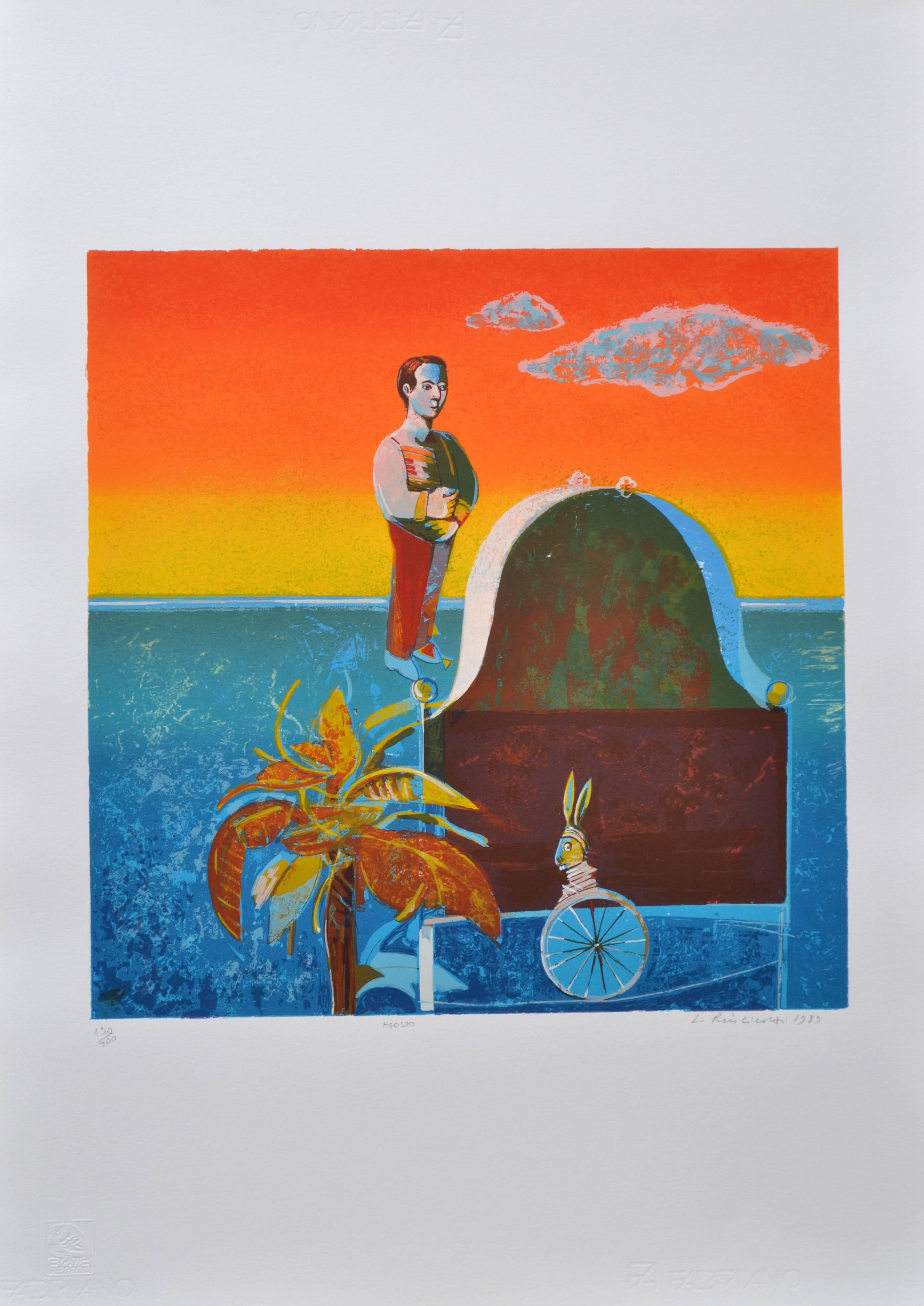 Luigi Rincicotti, a surrealist painter, was born in Fano, Italy and his artworks have been featured in over 200 exhibitions and museums both in his home country Italy and in other parts of the world. This is a high quality lithograph of one of his