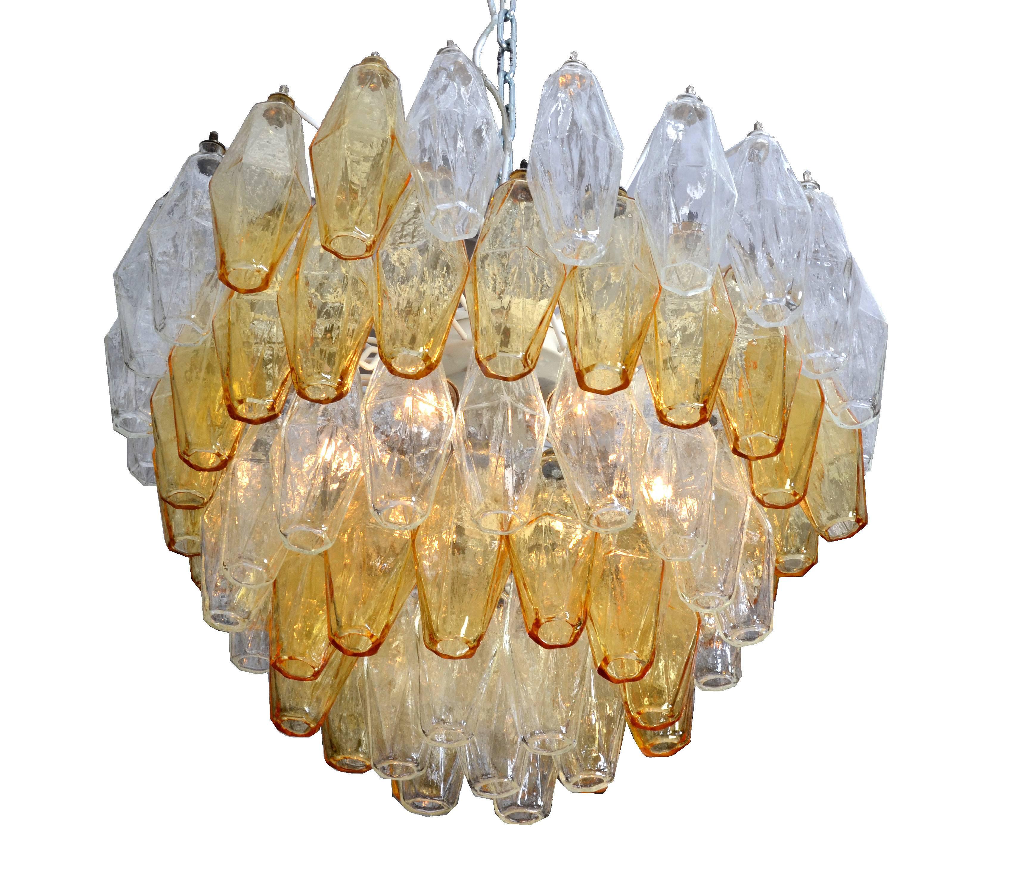 Chandelier by Carlo Scarpa for Venini with five layers of polyhedral blown glass ornaments.